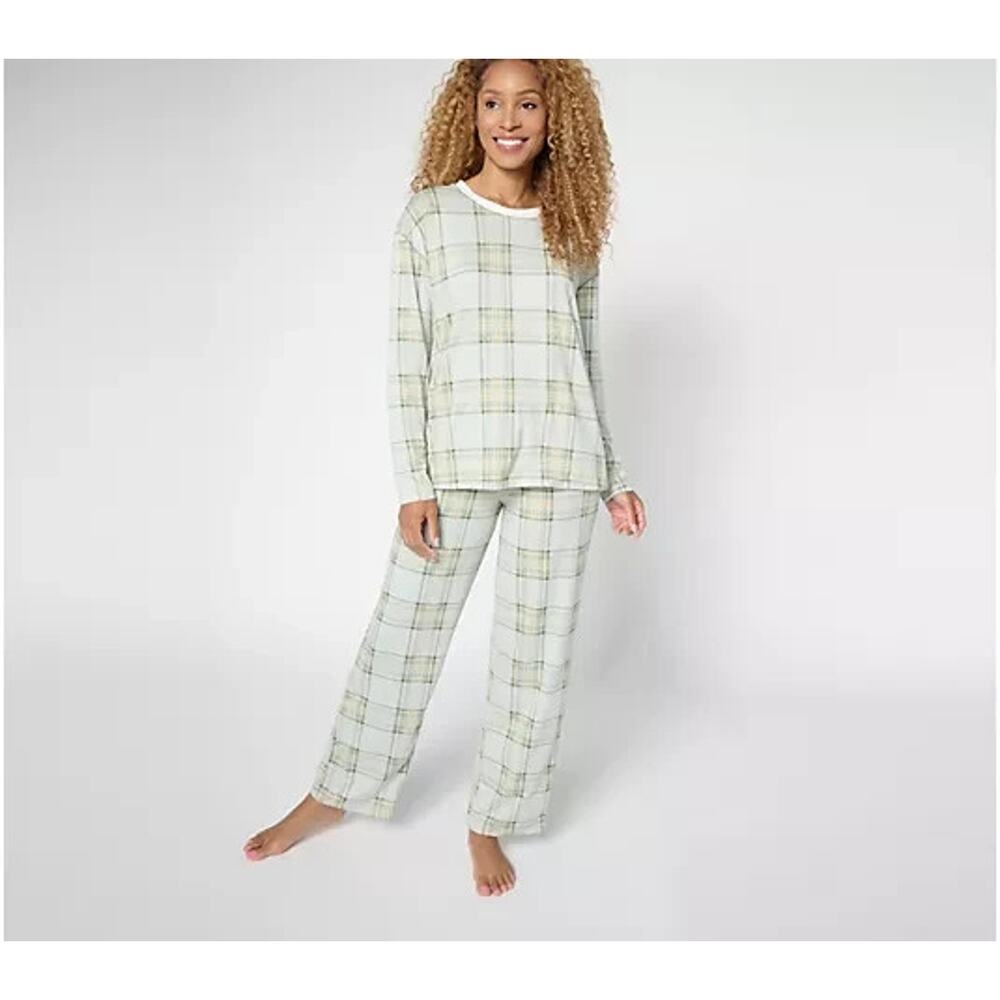 Cuddl Duds Cozy Jersey Pajama Set Green Plaid Size L/XL 2 Piece Lounge